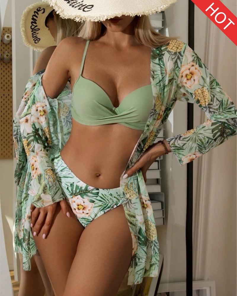 Great Floral Twist Low Waist Bikini Set - Cover Up Swimsuit For Women Push Up Long Sleeve Three Pieces Swimwear - Beach Bathing Suits (TB8D)(1U26)(F26) - Deals DejaVu