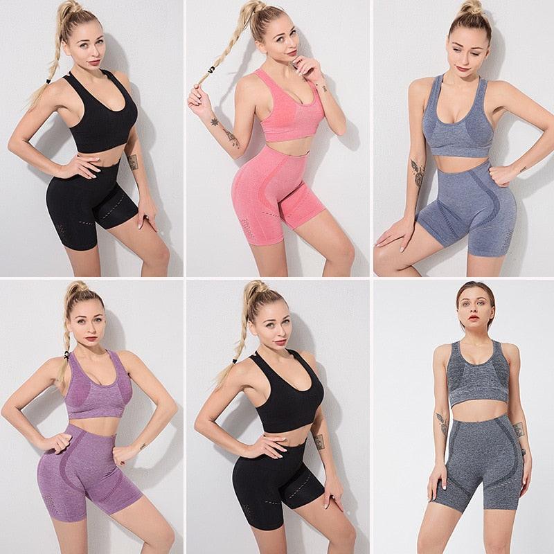 Sexy Women's Gym Shorts Yoga Set - Sports Bra + High Waist Shorts - Women Fitness Activewear Exercise Sets (D24)(BAP)(TBL)