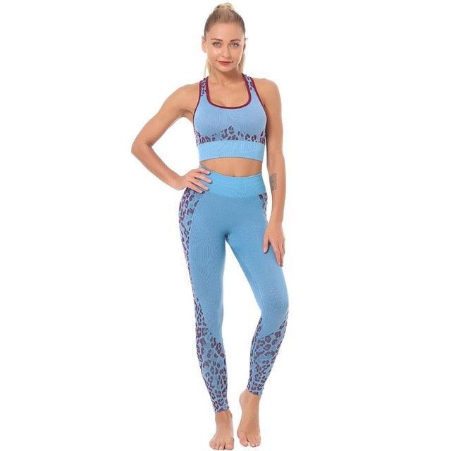 Cute Yoga Set - Leopard Print Ribbing Bra Top And Leggings Sports Tracksuit - Fashion Gym Clothing Workout - High Elastic Suit (1U24)