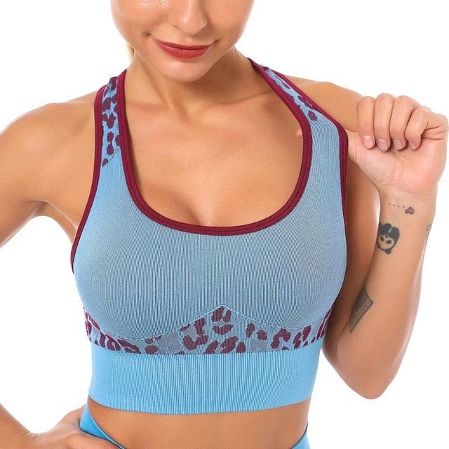 Cute Yoga Set - Leopard Print Ribbing Bra Top And Leggings Sports Tracksuit - Fashion Gym Clothing Workout - High Elastic Suit (1U24)