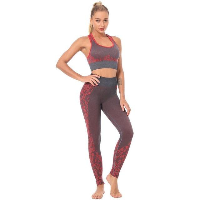 Cute Yoga Set - Leopard Print Ribbing Bra Top And Leggings Sports Tracksuit - Fashion Gym Clothing Workout - High Elastic Suit (1U24)