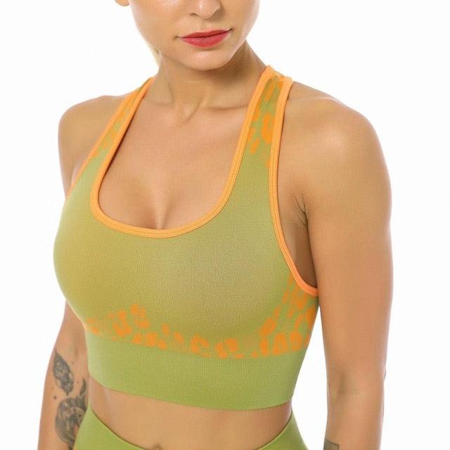 Cute Yoga Set - Leopard Print Ribbing Bra Top And Leggings Sports Tracksuit - Fashion Gym Clothing Workout - High Elastic Suit (1U24)