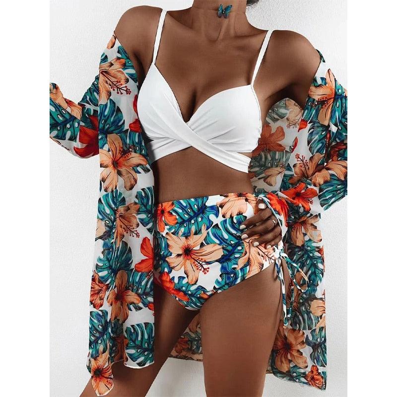 Trending New Three Pieces Bikinis Set - Cover Up Women Floral Print Push Up Swimsuit - Long Sleeve Twist Swimwear Bathing Suit (TB8D)(1U26)(F26) - Deals DejaVu