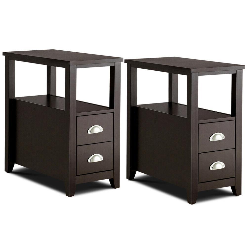 Set of 2 End Bedside Table Rectangular Nightstand W/ 2 Drawers & Shelf Espresso (1FW1)(1U67)