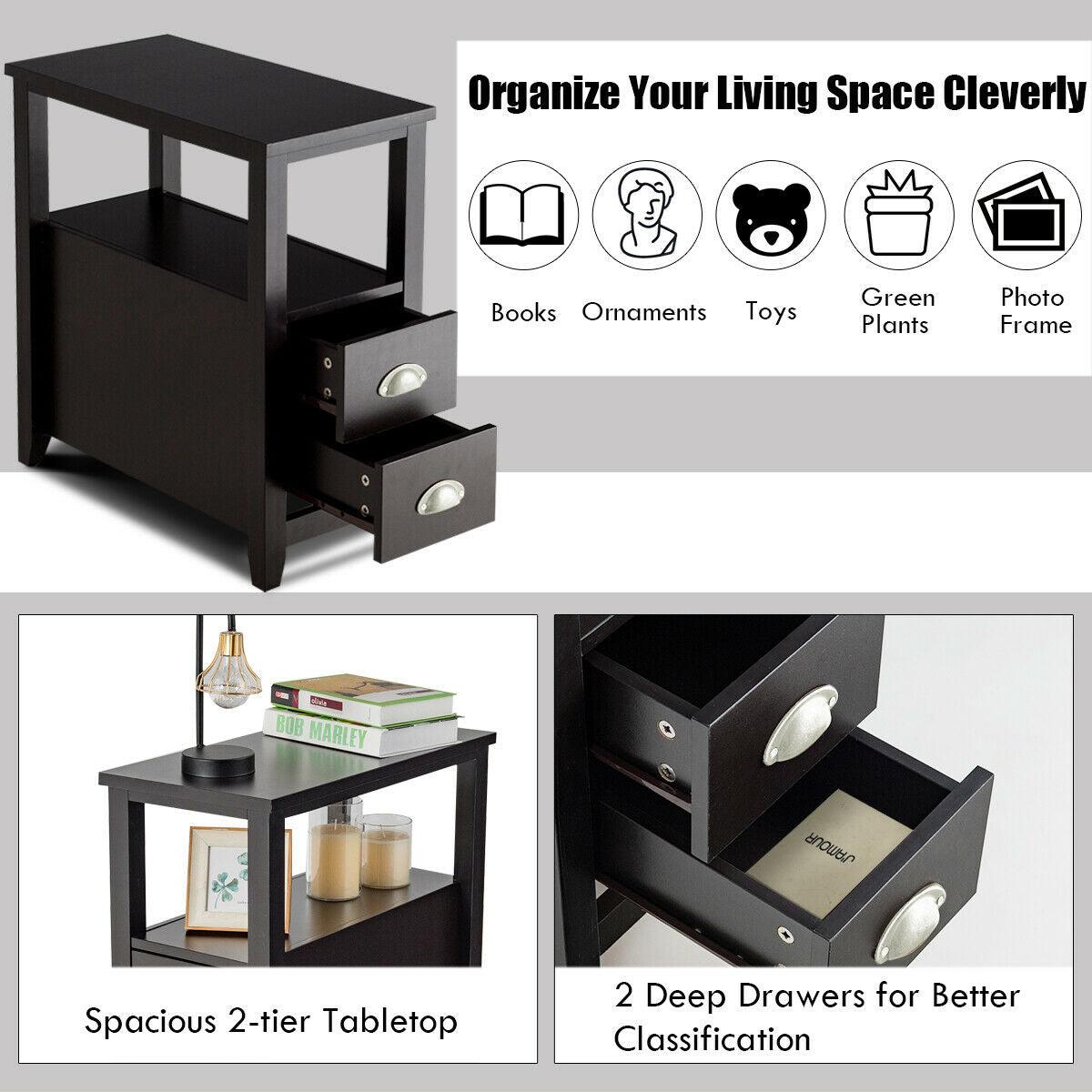 Set of 2 End Bedside Table Rectangular Nightstand W/ 2 Drawers & Shelf Espresso (1FW1)(1U67)