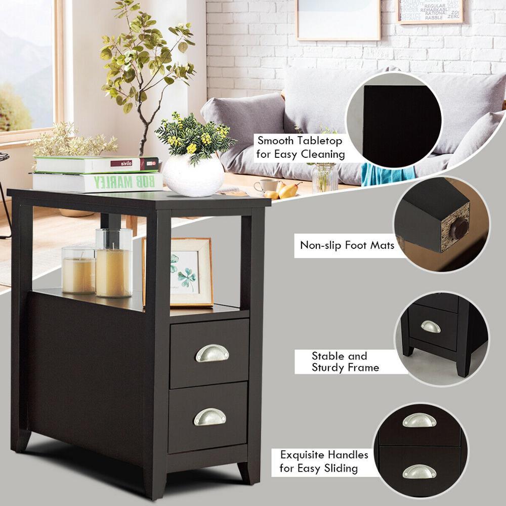 Set of 2 End Bedside Table Rectangular Nightstand W/ 2 Drawers & Shelf Espresso (1FW1)(1U67)
