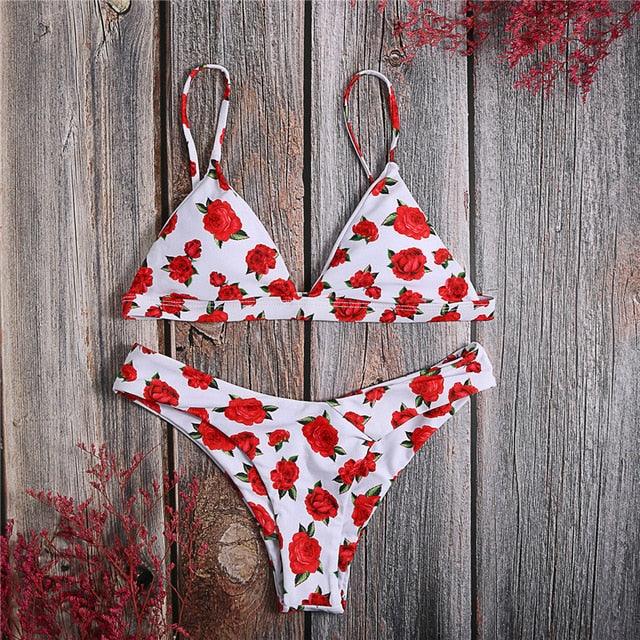 Beautiful Rose Printed Push Up Padded Women Summer Swimwear - Bathing Suit - Female Low Waist - Brazilian Bikini Set (1U26)