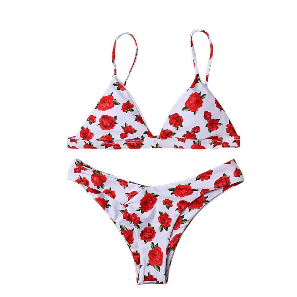 Beautiful Rose Printed Push Up Padded Women Summer Swimwear - Bathing Suit - Female Low Waist - Brazilian Bikini Set (1U26)