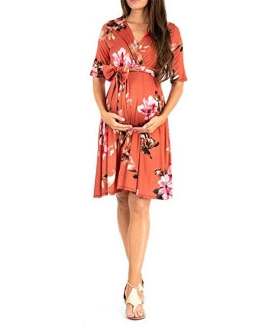 Sexy Maternity Summer A-line Dress - Pregnant Chic Plus Size Pregnancy Clothing - Floral Bow Loose - Half Sleeve (5Z1)(Z9)(Z7)(7Z1)(4Z1)