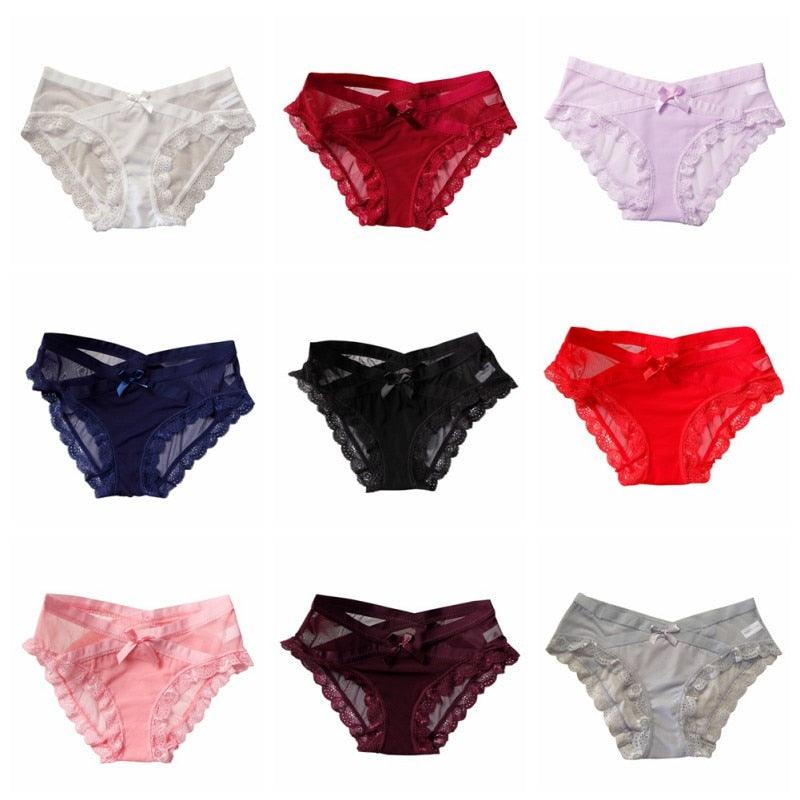 Great Ladies Mesh Underwear - Girl Fancy Bow Knot Briefs Cute Panties - Hollow Half Transparent (1U28)