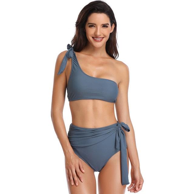 Chic Solid Bikinis Set - One Shoulder Swimwear - High Waist Bandage Solid Bathing Suit - Swimsuit Female Beachwear (1U26)