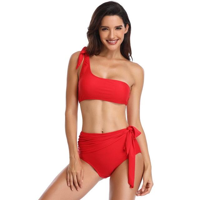 Chic Solid Bikinis Set - One Shoulder Swimwear - High Waist Bandage Solid Bathing Suit - Swimsuit Female Beachwear (1U26)