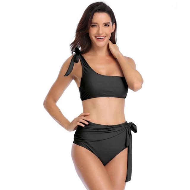 Chic Solid Bikinis Set - One Shoulder Swimwear - High Waist Bandage Solid Bathing Suit - Swimsuit Female Beachwear (1U26)
