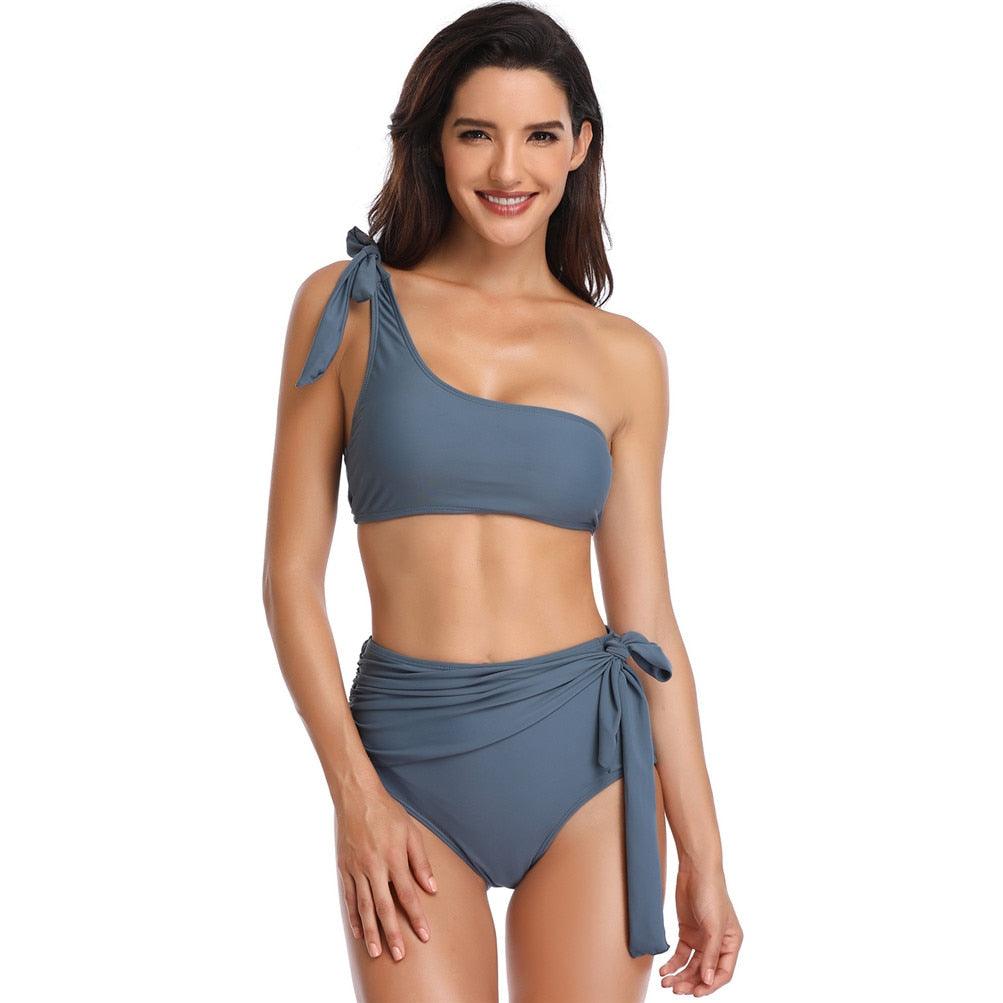 Chic Solid Bikinis Set - One Shoulder Swimwear - High Waist Bandage Solid Bathing Suit - Swimsuit Female Beachwear (1U26)