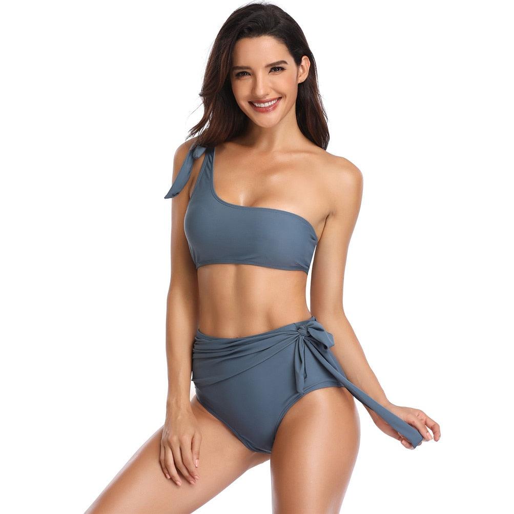 Chic Solid Bikinis Set - One Shoulder Swimwear - High Waist Bandage Solid Bathing Suit - Swimsuit Female Beachwear (1U26)