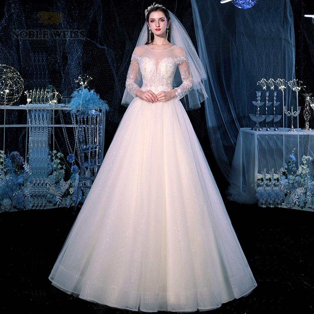 Sexy Wedding Dress - O Neck - Floor Length - A Line Long Sleeve Wedding Dress - Bridal Gown (WSO1)(F18)