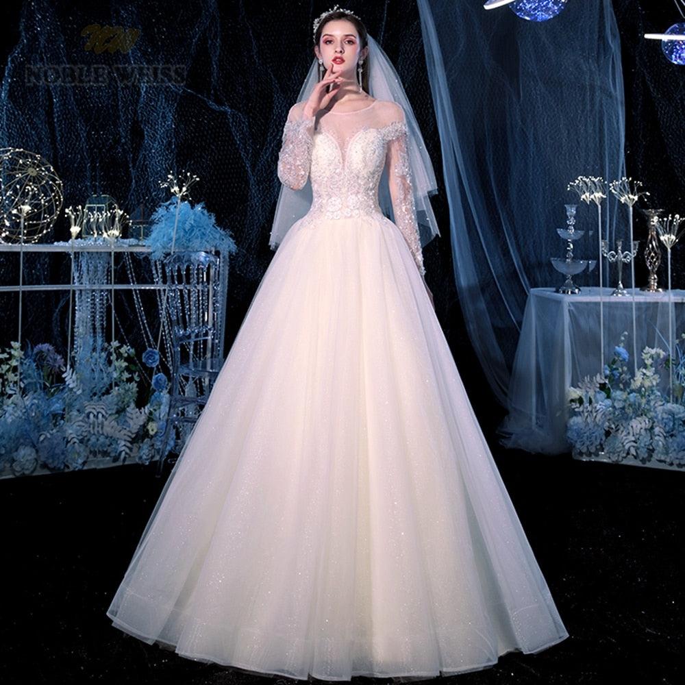 Sexy Wedding Dress - O Neck - Floor Length - A Line Long Sleeve Wedding Dress - Bridal Gown (WSO1)(F18)