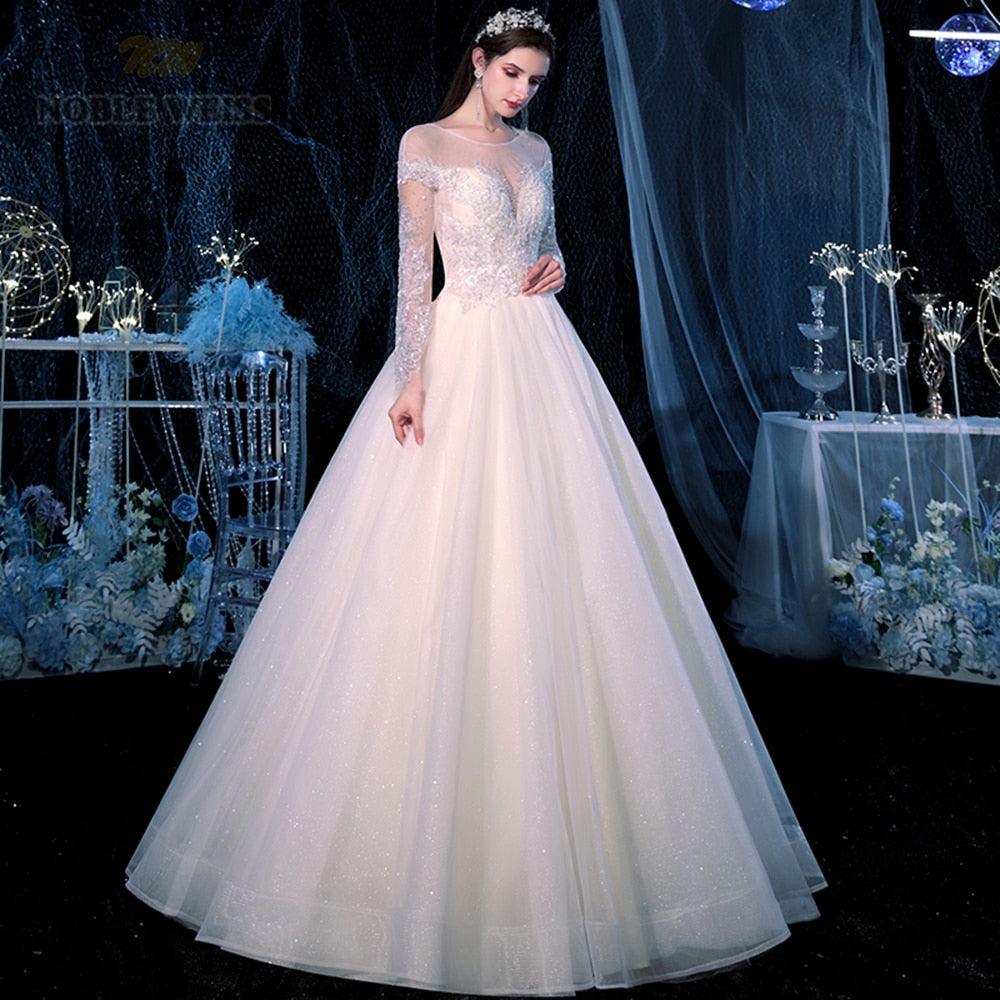 Sexy Wedding Dress - O Neck - Floor Length - A Line Long Sleeve Wedding Dress - Bridal Gown (WSO1)(F18)