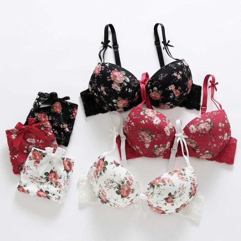 Trending Sexy Women Underwear Set - Push Up Thin Padded Bra + Panty Floral Bras Set (1U27)(1U28)