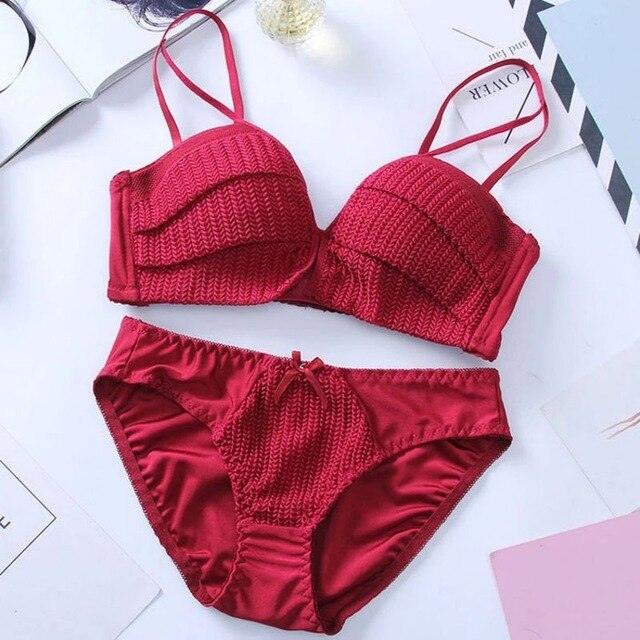 Gorgeous Women's Bra Brief Set - Solid Color Girl Knitting Thread - No Steel Ring Gather 1/2 Cup Bra + Underwear Set (3U27)(3U28)