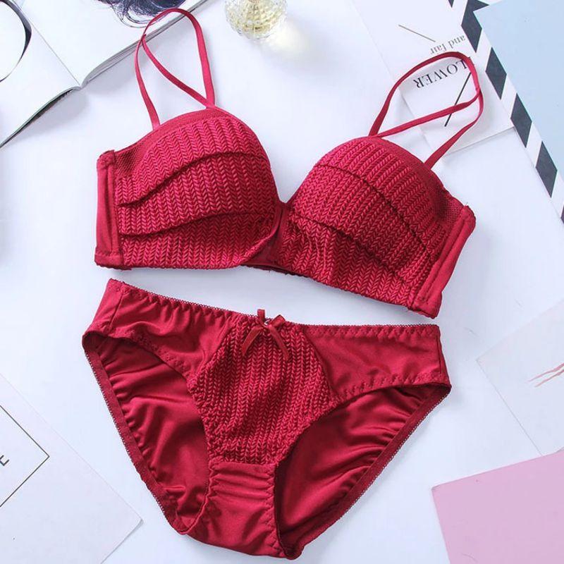 Gorgeous Women's Bra Brief Set - Solid Color Girl Knitting Thread - No Steel Ring Gather 1/2 Cup Bra + Underwear Set (3U27)(3U28)