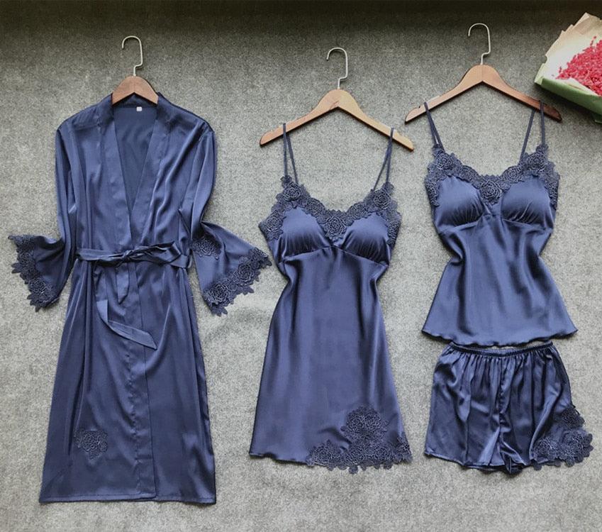Trending Sexy Women's Robe & Gown Sets - Lace Bathrobe + Night Dress - 4 Pieces Sleepwear Set (ZP1)