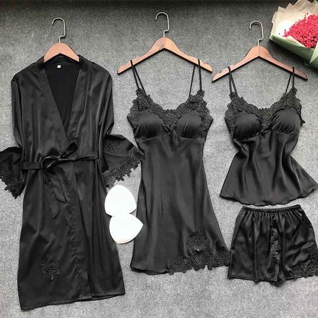 Trending Sexy Women's Robe & Gown Sets - Lace Bathrobe + Night Dress - 4 Pieces Sleepwear Set (ZP1)