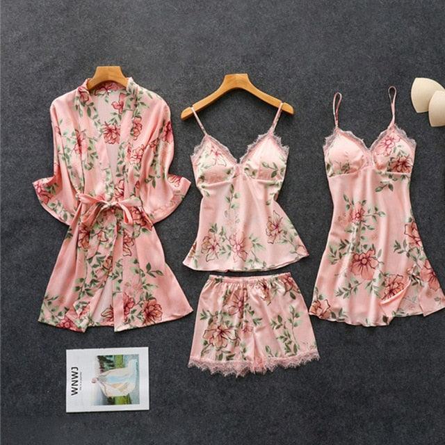 Trending Sexy Women's Robe & Gown Sets - Lace Bathrobe + Night Dress - 4 Pieces Sleepwear Set (ZP1)