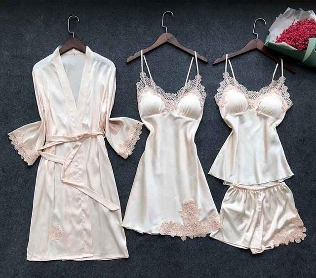 Trending Sexy Women's Robe & Gown Sets - Lace Bathrobe + Night Dress - 4 Pieces Sleepwear Set (ZP1)