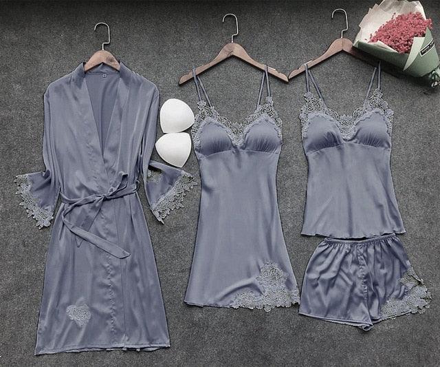 Trending Sexy Women's Robe & Gown Sets - Lace Bathrobe + Night Dress - 4 Pieces Sleepwear Set (ZP1)