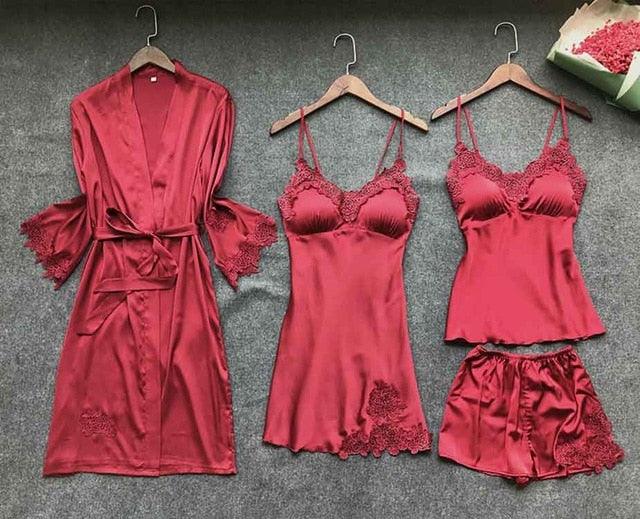 Trending Sexy Women's Robe & Gown Sets - Lace Bathrobe + Night Dress - 4 Pieces Sleepwear Set (ZP1)