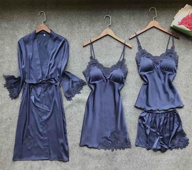 Trending Sexy Women's Robe & Gown Sets - Lace Bathrobe + Night Dress - 4 Pieces Sleepwear Set (ZP1)