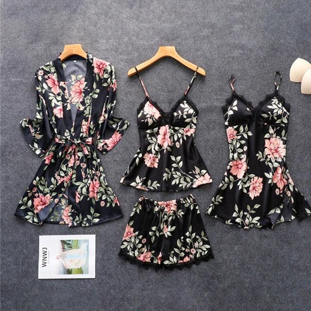 Trending Sexy Women's Robe & Gown Sets - Lace Bathrobe + Night Dress - 4 Pieces Sleepwear Set (ZP1)