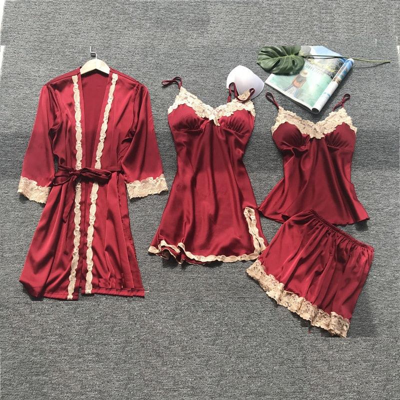 Trending Sexy Women's Robe & Gown Sets - Lace Bathrobe + Night Dress - 4 Pieces Sleepwear Set (ZP1)