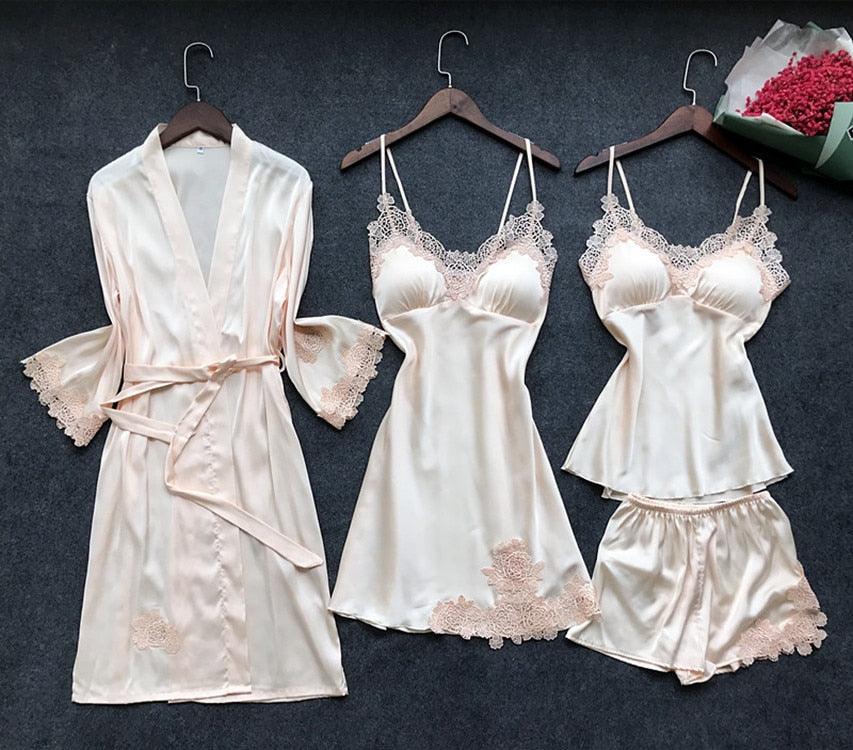 Trending Sexy Women's Robe & Gown Sets - Lace Bathrobe + Night Dress - 4 Pieces Sleepwear Set (ZP1)