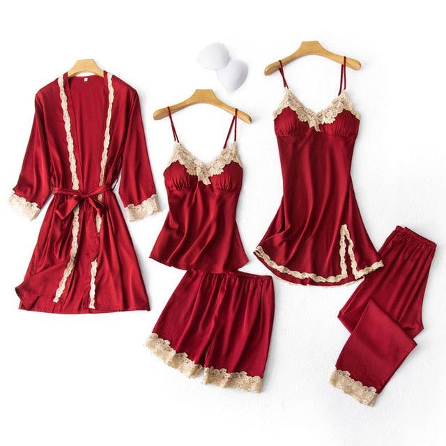 Amazing Women Sleepwear - With Chest Pads Sexy Women Pajamas Set- Lace Silk Sleep Lounge 5 Pieces Sets (ZP1)(F90)