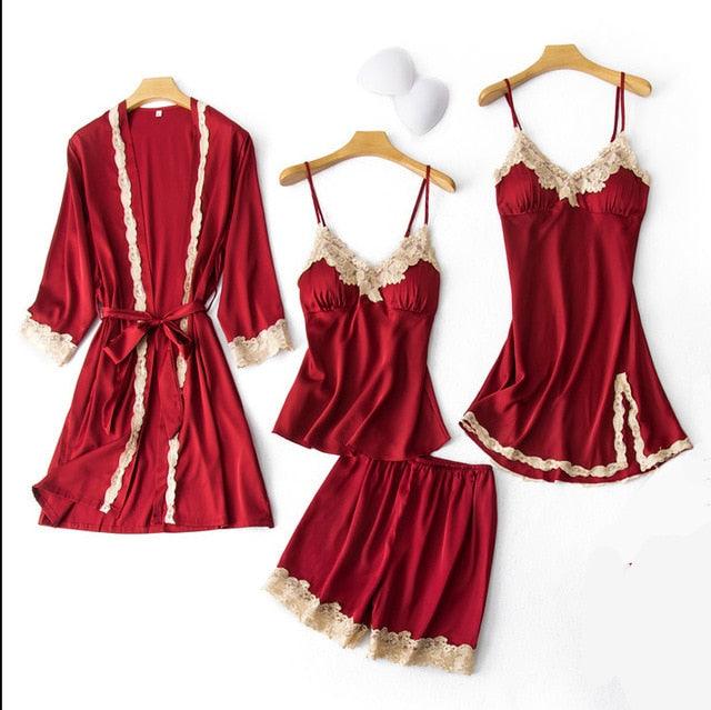 Amazing Women Sleepwear - With Chest Pads Sexy Women Pajamas Set- Lace Silk Sleep Lounge 5 Pieces Sets (ZP1)(F90)