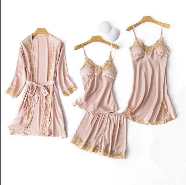 Amazing Women Sleepwear - With Chest Pads Sexy Women Pajamas Set- Lace Silk Sleep Lounge 5 Pieces Sets (ZP1)(F90)