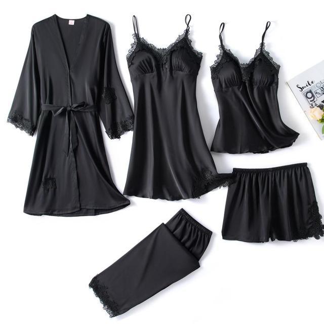 Amazing Women Sleepwear - With Chest Pads Sexy Women Pajamas Set- Lace Silk Sleep Lounge 5 Pieces Sets (ZP1)(F90)