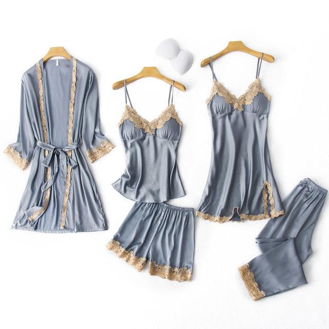 Amazing Women Sleepwear - With Chest Pads Sexy Women Pajamas Set- Lace Silk Sleep Lounge 5 Pieces Sets (ZP1)(F90)