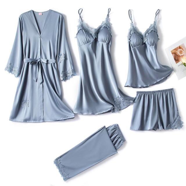 Amazing Women Sleepwear - With Chest Pads Sexy Women Pajamas Set- Lace Silk Sleep Lounge 5 Pieces Sets (ZP1)(F90)