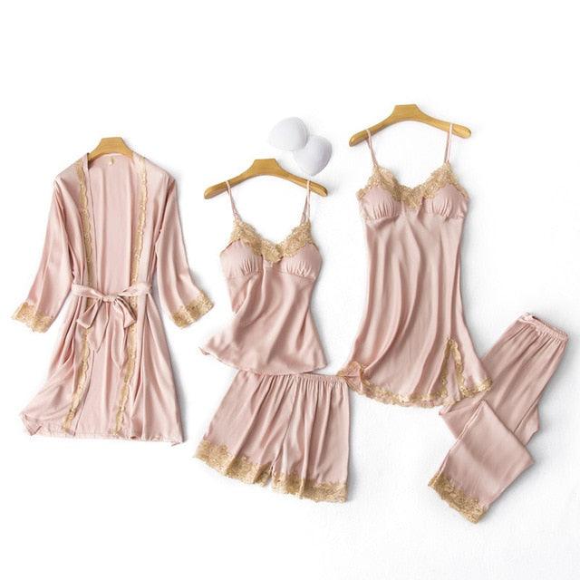 Amazing Women Sleepwear - With Chest Pads Sexy Women Pajamas Set- Lace Silk Sleep Lounge 5 Pieces Sets (ZP1)(F90)
