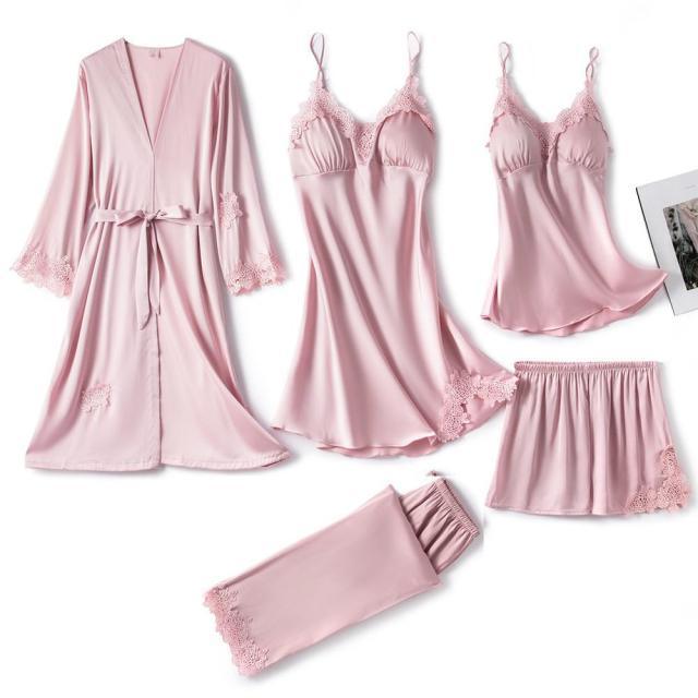 Amazing Women Sleepwear - With Chest Pads Sexy Women Pajamas Set- Lace Silk Sleep Lounge 5 Pieces Sets (ZP1)(F90)