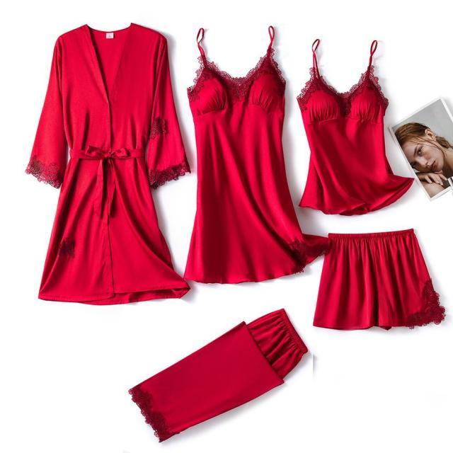 Amazing Women Sleepwear - With Chest Pads Sexy Women Pajamas Set- Lace Silk Sleep Lounge 5 Pieces Sets (ZP1)(F90)
