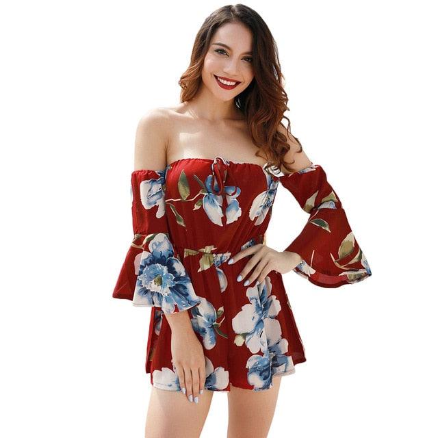Sexy Fashion Floral Print Women Jumpsuit - Summer Beach Off Shoulder Casual Jumpsuits (1U33)