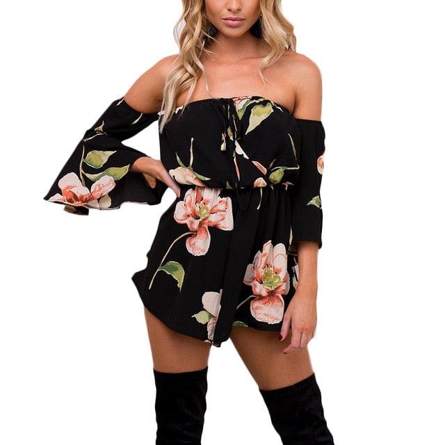 Sexy Fashion Floral Print Women Jumpsuit - Summer Beach Off Shoulder Casual Jumpsuits (1U33)
