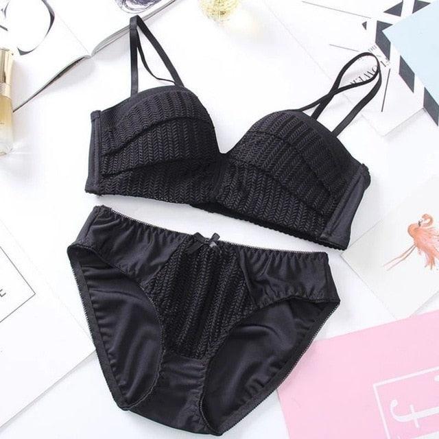 Sexy Trending Women Underwear Set - Solid Color Girl Knitting Thread - No Steel Ring Gather 1/2 Cup Bra + Underwear Set (2U27)(2U28)