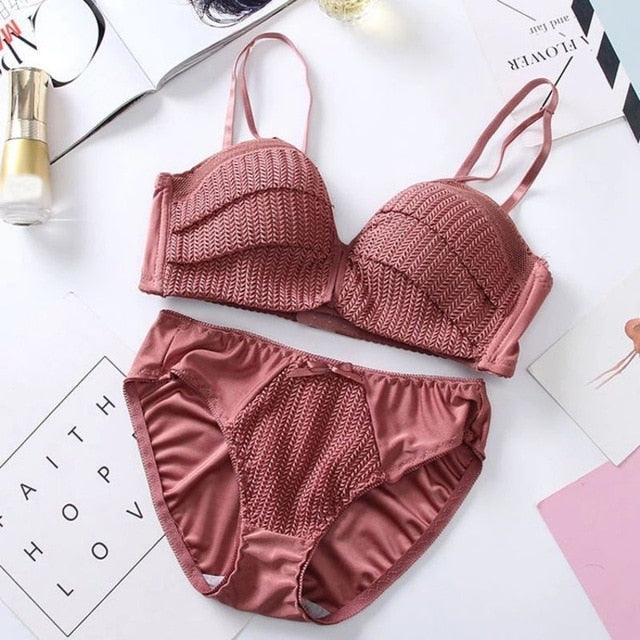 Sexy Trending Women Underwear Set - Solid Color Girl Knitting Thread - No Steel Ring Gather 1/2 Cup Bra + Underwear Set (2U27)(2U28)