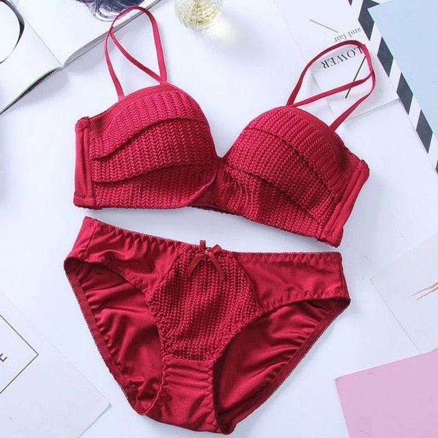 Sexy Trending Women Underwear Set - Solid Color Girl Knitting Thread - No Steel Ring Gather 1/2 Cup Bra + Underwear Set (2U27)(2U28)