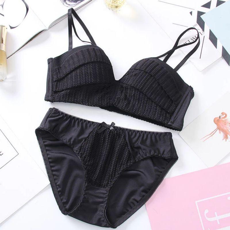 Sexy Trending Women Underwear Set - Solid Color Girl Knitting Thread - No Steel Ring Gather 1/2 Cup Bra + Underwear Set (2U27)(2U28)